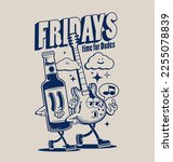 Conceptual illustration of friendship or friends party with vintage characters of walking bottle of beer and electric guitar for poster or party flyer or t-shirt design isolated on light background.