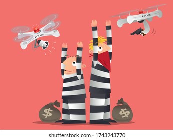 Ilustración conceptual de la futura tecnología de aviones no tripulados. La policía usa drones patrulleros para atrapar a dos ladrones.