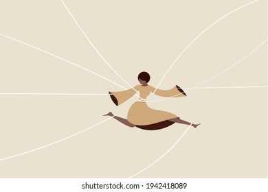 Conceptual illustration of a girl with controlling strings tied to her while in motion