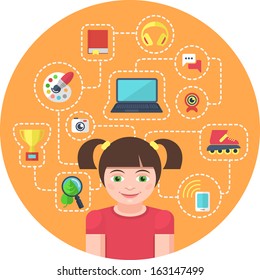 Conceptual illustration of a girl with different symbols of her interests