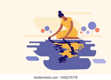 Conceptual illustration of a girl lifting up her own reflection from water