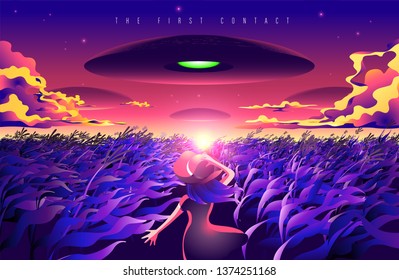 A conceptual illustration of the girl looking up to the sky and see the UFO fleet.