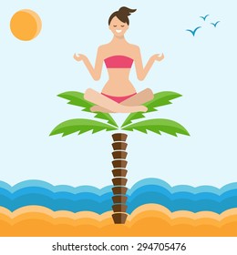 Conceptual illustration of a girl in lotus position, sitting on a palm tree.On the sea. Vector