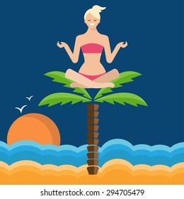 Conceptual illustration of a girl in lotus position, sitting on a palm tree.On the sea. Vector