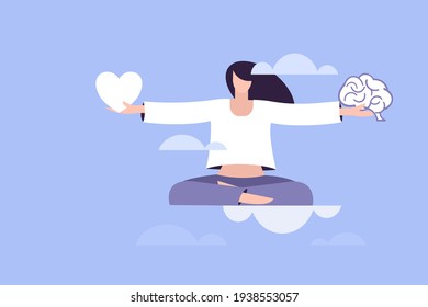 Conceptual illustration of a girl in a meditative pose floating in the clouds and balancing heart and brain in her hands.