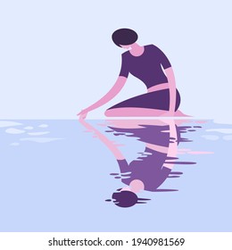 Conceptual illustration of a girl shaking hands with her own reflection in water