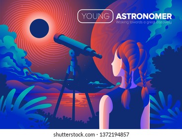 An conceptual illustration of a girl using telescope to look at the black hole in the sky.  