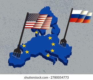 Conceptual illustration of global superpowers USA and Russia exerting economic and political influence on EU market European Union, depicted as forks carving a map