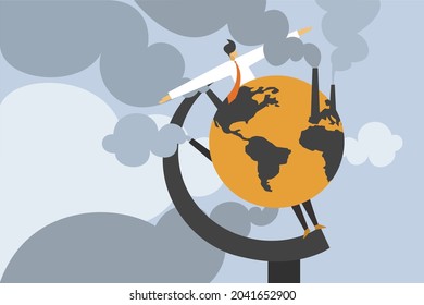 Conceptual illustration of a globe emitting greenhouse gases where a man is standing as its axis