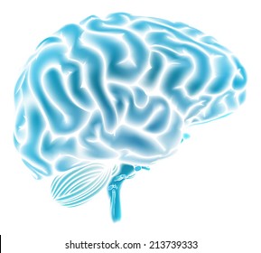 A conceptual illustration of a glowing blue human brain. Could be a concept for a brainstorm or intelligence