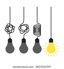 Conceptual illustration of a glowing lightbulb with a straight wire contrasting with others having tangled cords. Represents finding a solution, innovation, creativity, and clarity amidst chaos.