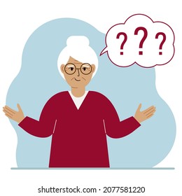 Conceptual illustration of a grandmother who has many questions and question marks in his mind. Vector flat illustration