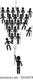 Conceptual illustration of a group of farmers holding pitchforks, threatening one person