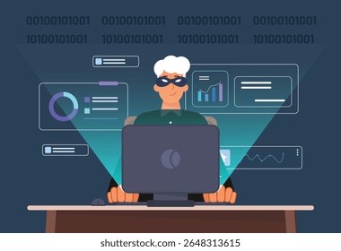 Ilustração conceitual de um hacker se passando por roubo de dados confidenciais, destacando ameaças à segurança cibernética e riscos de crimes digitais.