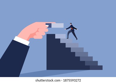 Conceptual illustration of a hand adding up stairs at the top as a businessman climbs up