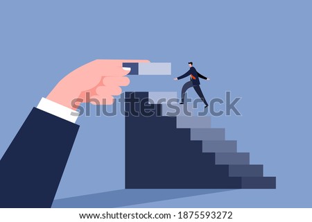 Conceptual illustration of a hand adding up stairs at the top as a businessman climbs up