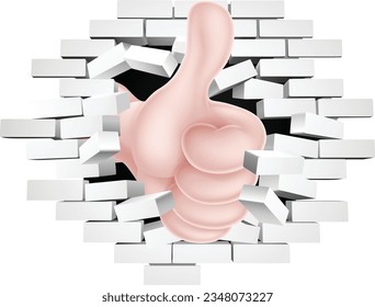 Conceptual illustration of a hand giving a thumbs up breaking through a white brick wall