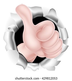 Conceptual illustration of a hand giving a thumbs up breaking through the background
