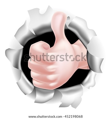 Conceptual illustration of a hand giving a thumbs up breaking a hole through the background