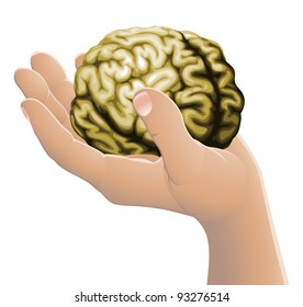 Conceptual illustration of a hand holding a brain