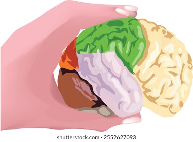 Ilustración conceptual de una mano sosteniendo un cerebro colorido, que simboliza procesos mentales complejos, pensamientos, ideas y creatividad