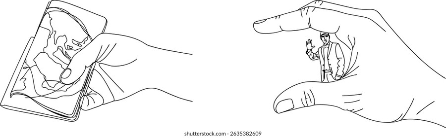 Conceptual illustration of a hand holding a map and another hand containing a person