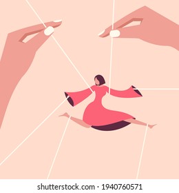 Conceptual illustration of hands controlling a dancing girl tied with strings