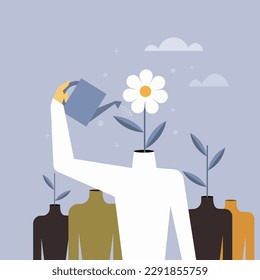 Conceptual illustration hands watering a plant growing from a human body