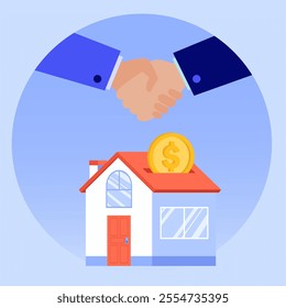 Conceptual illustration of a handshake above a house with a dollar coin, symbolizing real estate transactions, home buying, and property investment.
