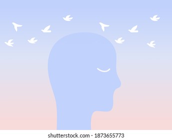 A conceptual illustration of having peace in mind, with human in the foreground and doves flying in the sky in the background. 