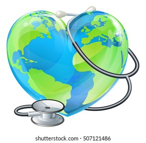 Conceptual illustration of a heart planet earth with a stethoscope wrapped around it.