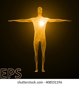 conceptual illustration of heart power. powerful energy beam effect with tangled energy lines, golden color and male body version.