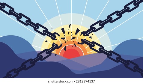 A conceptual illustration of heavy metal chains breaking apart in the center representing freedom and liberation
