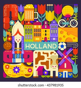 Conceptual illustration of Holland symbols made in modern flat style vector. Unique design for poster, tourist company flyer or banner. Visit Amsterdam design with traditional dutch symbols.