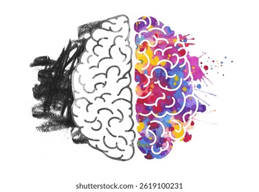 Conceptual Illustration of the Human Brain Depicting the Contrast Between Logical and Creative Thinking with One Side in Monochrome and the Other Vibrantly Colored