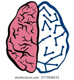 A conceptual illustration of the human brain divided into two hemispheres, representing creativity and logic.