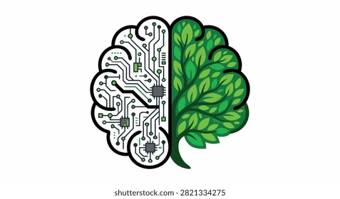 A conceptual illustration of a human brain divided into two halves, one side featuring electronic circuit patterns and the other side composed of green leaves.