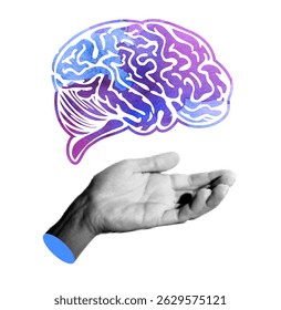 Conceptual Illustration of a Human Brain Floating Above an Open Hand, Combining a Watercolor Neural Design with a Halftone Photographic Effect