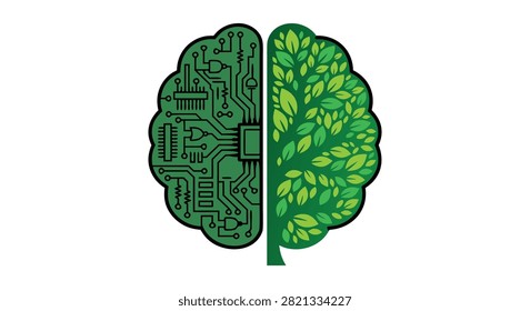 A conceptual illustration of a human brain split into two halves, one side featuring electronic circuit patterns and the other side filled with green leaves.