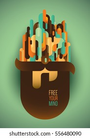 Ilustración conceptual de una cabeza humana con barba, composición de estilo abstracto y eslogan. Ilustración vectorial.