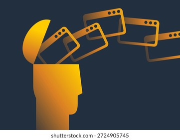 Ilustração conceitual de uma cabeça humana preenchida com múltiplas abas abertas simbolizando sobrecarga mental, excesso de informação, estresse e dificuldade de focagem. Metáfora visual para distração, multitarefa