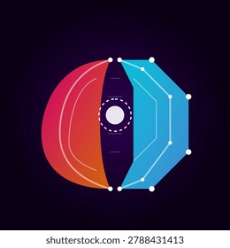 Conceptual illustration of human mind versus digital logic. Left side features organic curved gradients in red. Right side displays geometric polygonal shapes in blue with white nodes. Central circular interface element with dashed outlines sits between the two halves. High contrast design represents machine learning and cognitive processing neural technology.