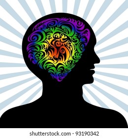 Conceptual illustration of a human mind with vibrant rainbow color of brain, man in silhouette with rays at the background. human brain creative design.