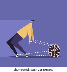 Conceptual illustration of imaginary strings of brain pulling back a man from moving ahead