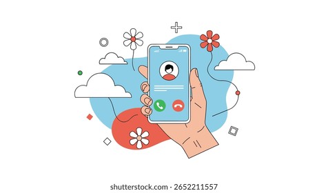 Conceptual Illustration of Incoming Phone Call on a Smartphone Held in a Hand Surrounded by Clouds and Flowers