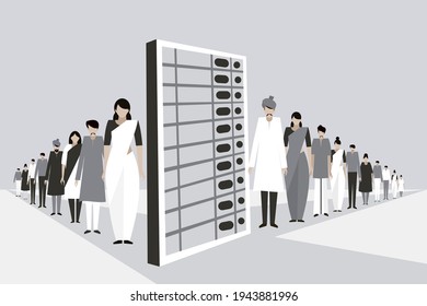 Conceptual illustration of Indian people stand in a long line along side a huge electronic voting machine