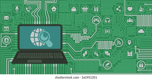 Conceptual illustration of Internet interaction in the form of computer board with a laptop and web icons