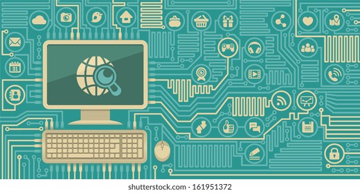 Conceptual illustration of Internet interaction in the form of computer board with a personal computer and social media icons