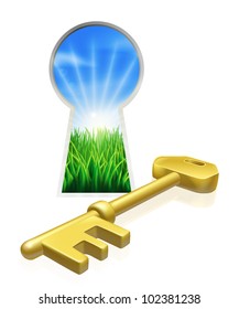 Conceptual illustration of key and keyhole looking out onto beautiful green field. Concept for freedom, opportunity or other business metaphor
