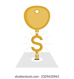 Conceptual illustration of key to money success, unlocking financial success. Vector illustration outline flat design style.